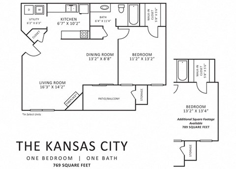 Floor plan for 1 bed, 1 bath, 769 sqft