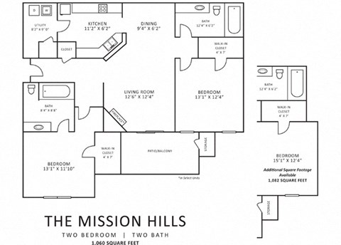 Floor plan for 2 beds, 2 baths, 1082 sqft