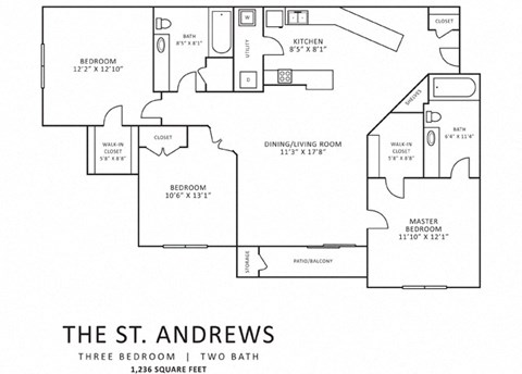 Floor plan for 3 beds, 2 baths, 1236 sqft