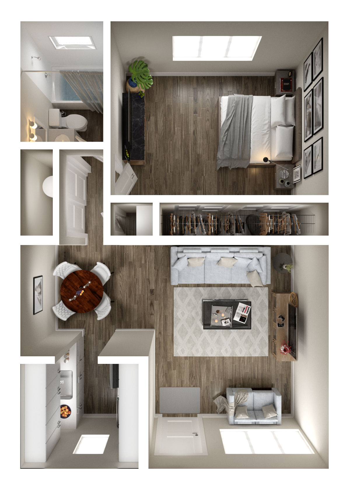 Floor plan for 1 bed, 1 bath, 594 sqft