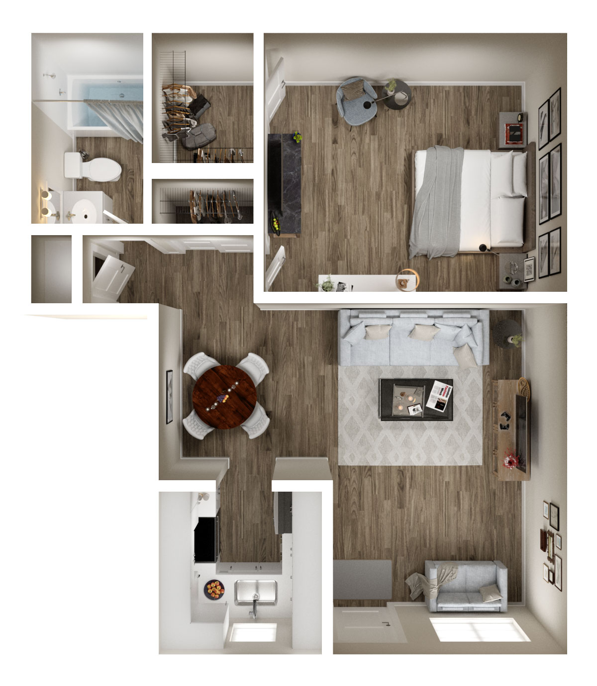Floor plan for 1 bed, 1 bath, 725 sqft