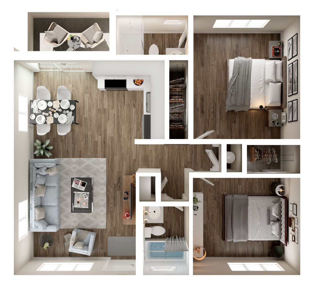 Floor plan for 2 beds, 2 baths, 880 sqft