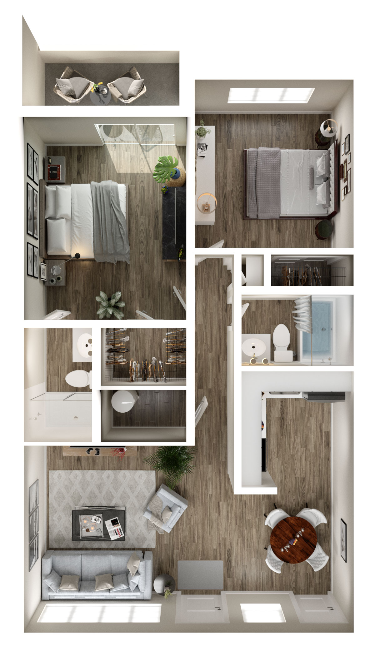 Floor plan for 2 beds, 2 baths, 898 sqft