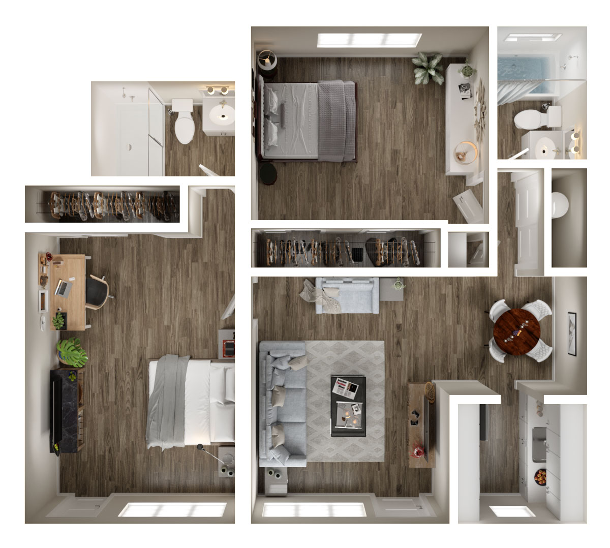 Floor plan for 2 beds, 2 baths, 908 sqft