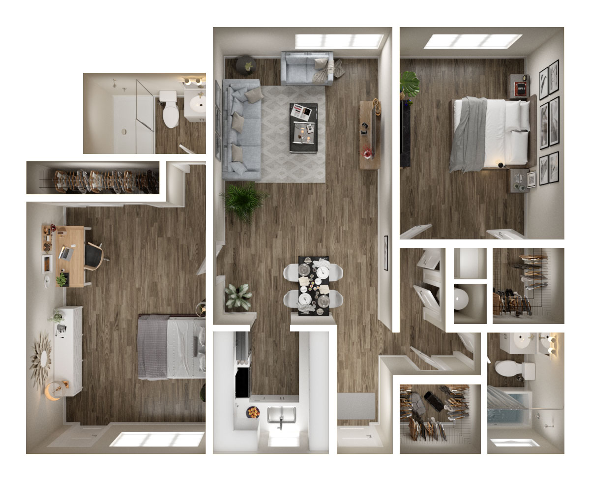 Floor plan for 2 beds, 2 baths, 950 sqft