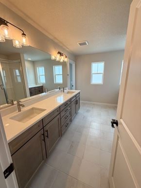 Colorado Springs house for rent - A bathroom with a sink, mirror, and lighting fixtures.