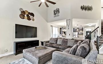 San Antonio house for rent - A living room with a grey couch and a black television.