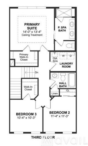 Orlando townhouse for rent - A floor plan of a three bedroom apartment with a primary suite.