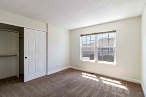 Parker house for rent - A room with a carpeted floor, a white door, and a window with a view of a building outside.