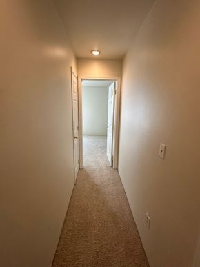 Grandview apartment for rent - A hallway with a carpeted floor and a light on the ceiling.