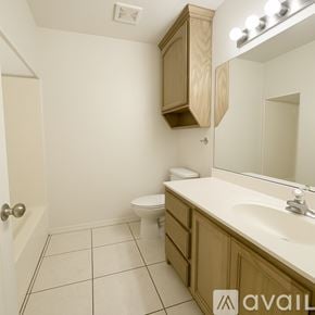 Mc Allen apartment for rent - A bathroom with a toilet, sink, and mirror.