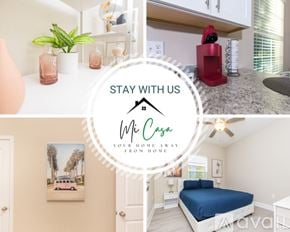Pensacola house for rent - A collage of a cozy bedroom with a sign that says "STAY WITH US" and "Mi Casa" in the middle.