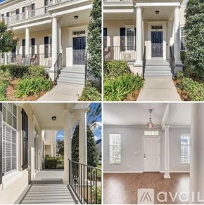 Orlando townhouse for rent - Four pictures of a white house with black railings and a black door.