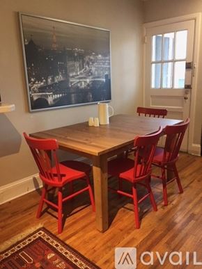 Charlotte townhouse for rent - A dining room with a wooden table and red chairs.