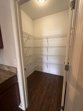 Centerton house for rent - A walk in closet with shelves and a door.