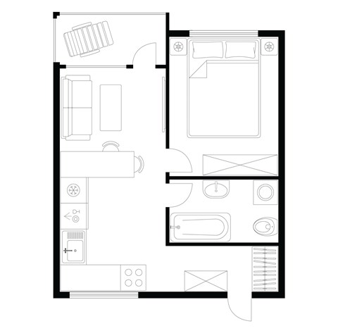 Floor plan for 1 bed, 1 bath, 1000 sqft