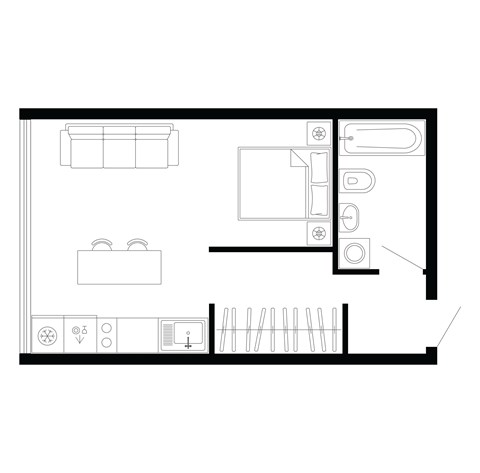 Floor plan for studio, 1 bath, 800 sqft