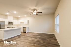 Shenandoah house for rent - A spacious kitchen and living room with wooden floors and a ceiling fan.