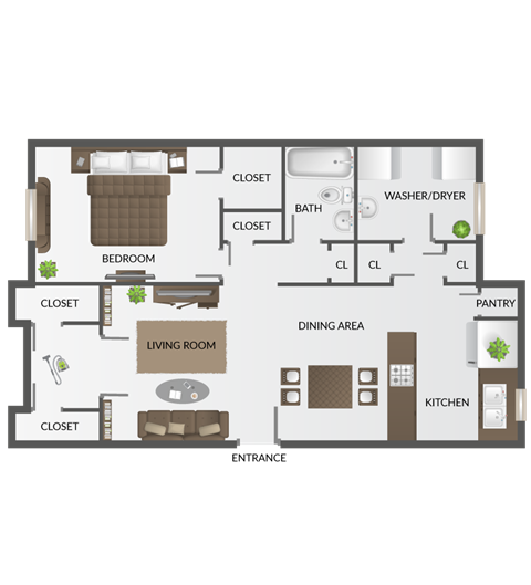 Floor plan for 1 bed, 1 bath, 1000 sqft