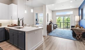 Lehi apartment for rent - A modern kitchen with dark grey cabinets and a white countertop.