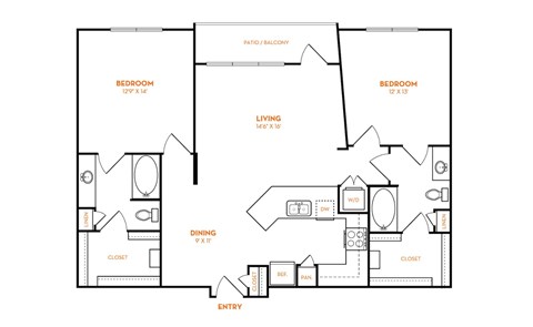 Floor plan for 2 beds, 2 baths, 1300 sqft