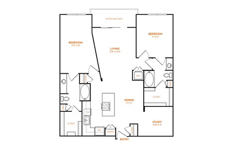Floor plan for 3 beds, 2 baths, 1300 sqft