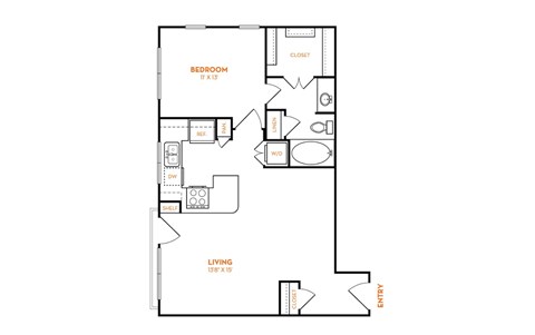 Floor plan for 1 bed, 1 bath, 1200 sqft