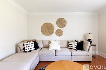 Mount Pleasant apartment for rent - A living room with a grey couch and three decorative plates on the wall.