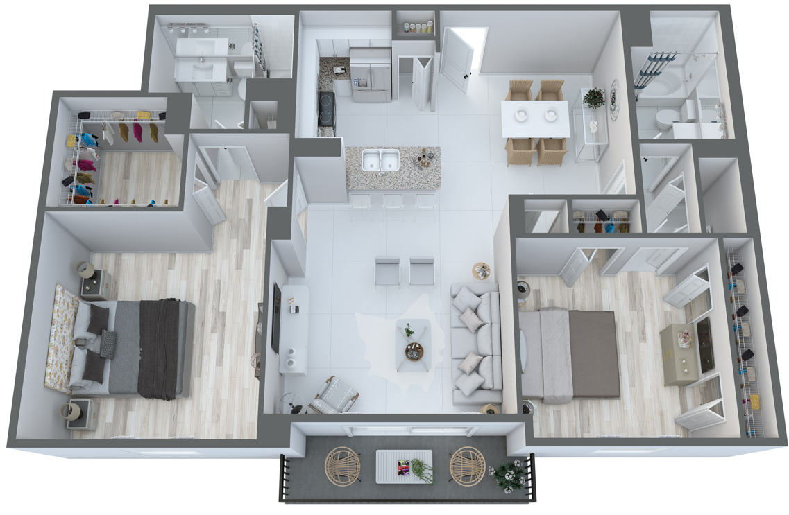 Floor plan for 2 beds, 2 baths, 1302 sqft