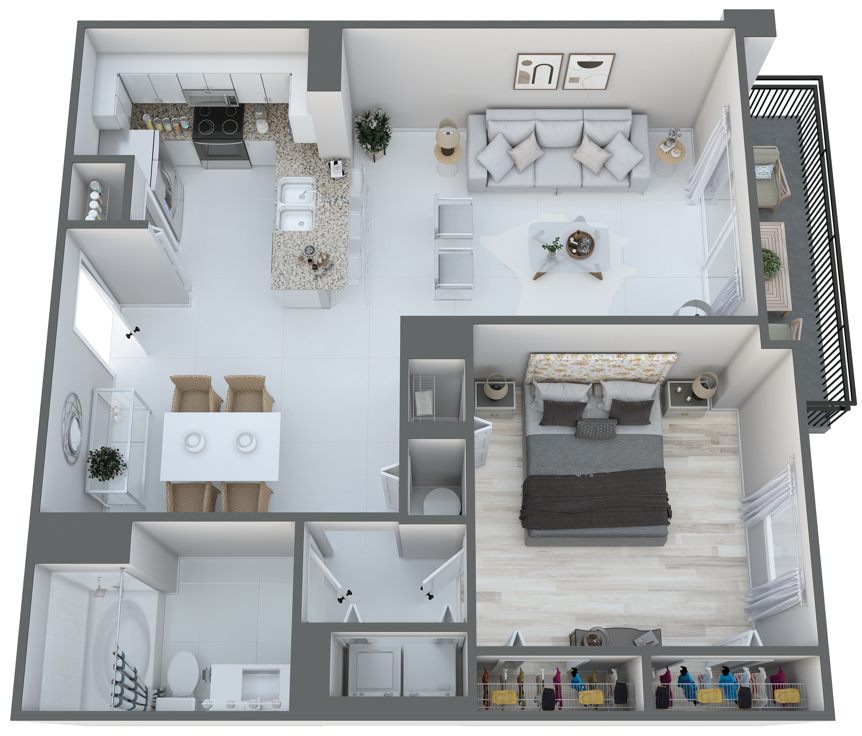 Floor plan for 1 bed, 1 bath, 858 sqft
