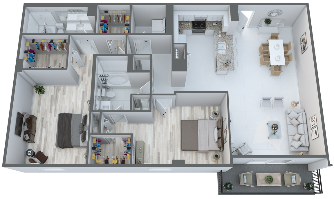 Floor plan for 2 beds, 2 baths, 1357 sqft