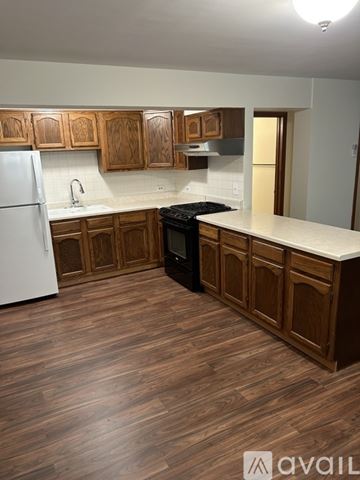 Park Ridge apartment for rent - A kitchen with wooden cabinets and a white fridge.