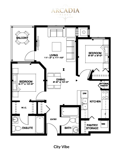 Floor plan for 2 beds, 2 baths, 748 sqft