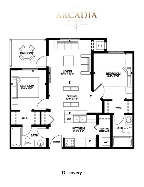 Floor plan for 2 beds, 2 baths, 744 sqft