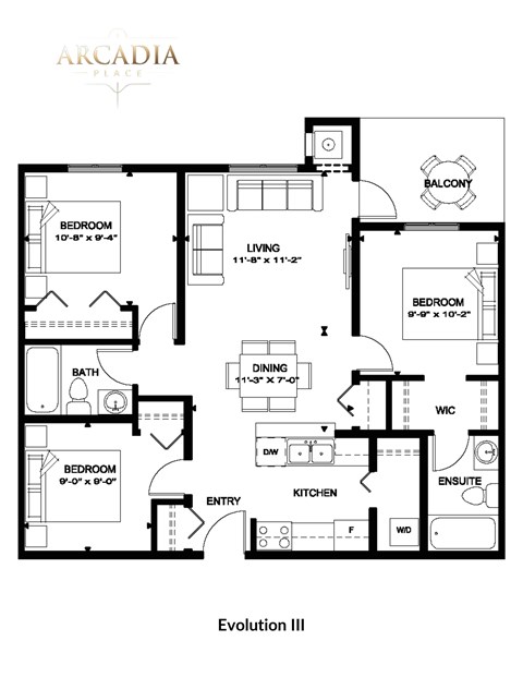 Floor plan for 2 beds, 2 baths, 895 sqft