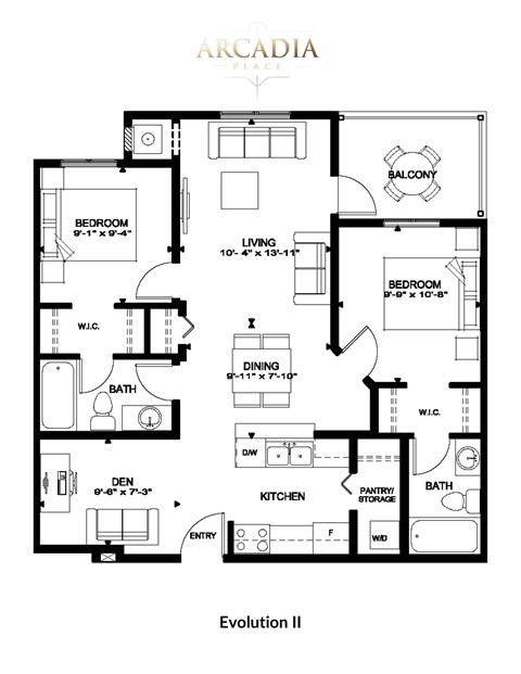Floor plan for 2 beds, 2 baths, 812 sqft