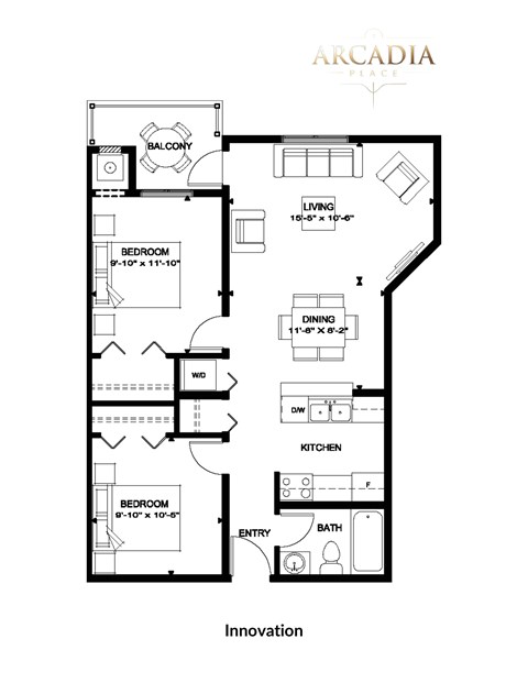 Floor plan for 2 beds, 1 bath, 762 sqft