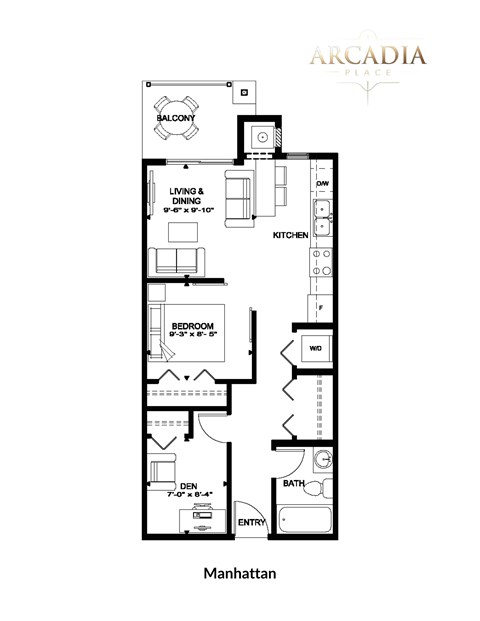 Floor plan for 1 bed, 1 bath, 567 sqft
