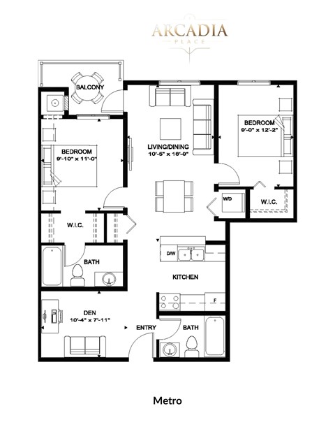 Floor plan for 2 beds, 2 baths, 863 sqft