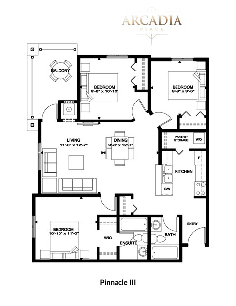 Floor plan for 3 beds, 2 baths, 1006 sqft