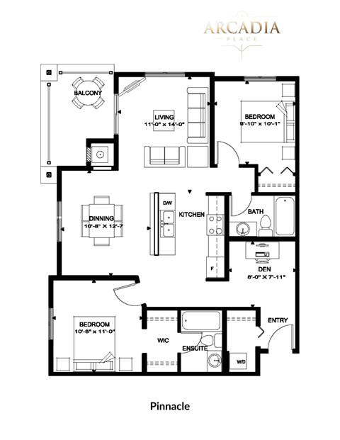Floor plan for 2 beds, 2 baths, 970 sqft