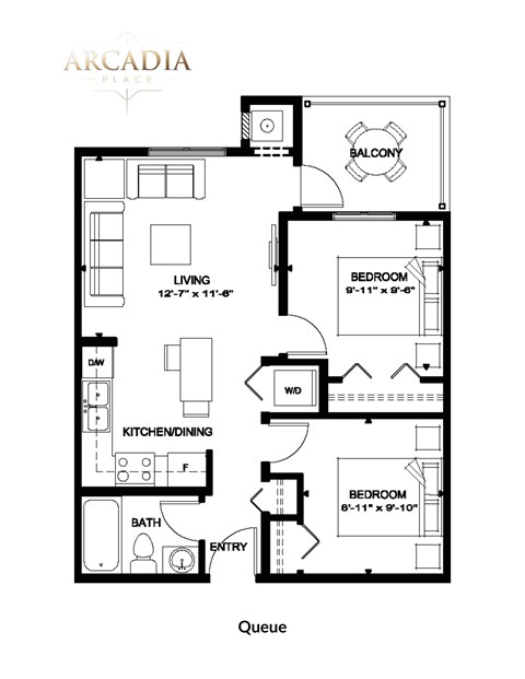 Floor plan for 2 beds, 1 bath, 615 sqft