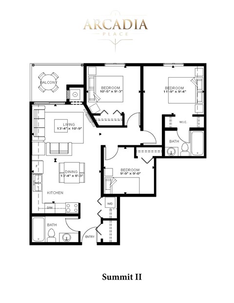 Floor plan for 3 beds, 2 baths, 896 sqft