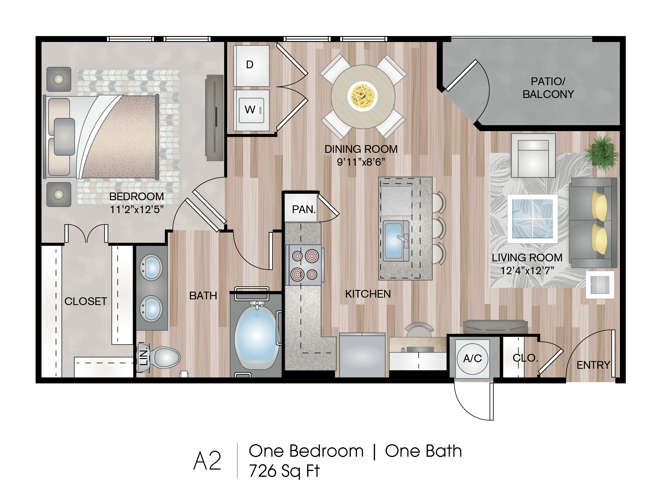 Floor plan for 1 bed, 1 bath, 726 sqft