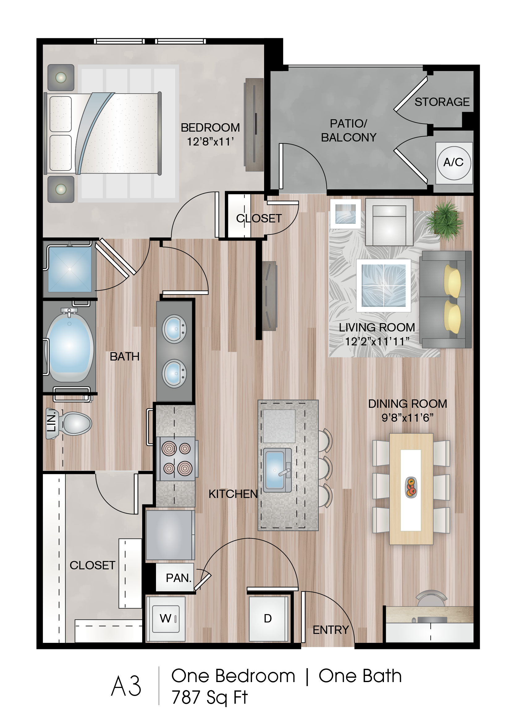 Floor plan for 1 bed, 1 bath, 787 sqft
