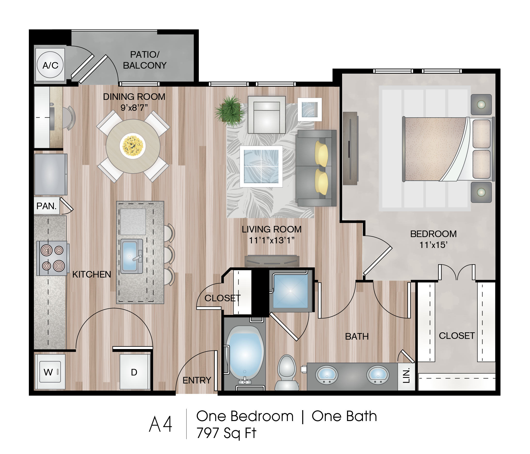 Floor plan for 1 bed, 1 bath, 797 sqft