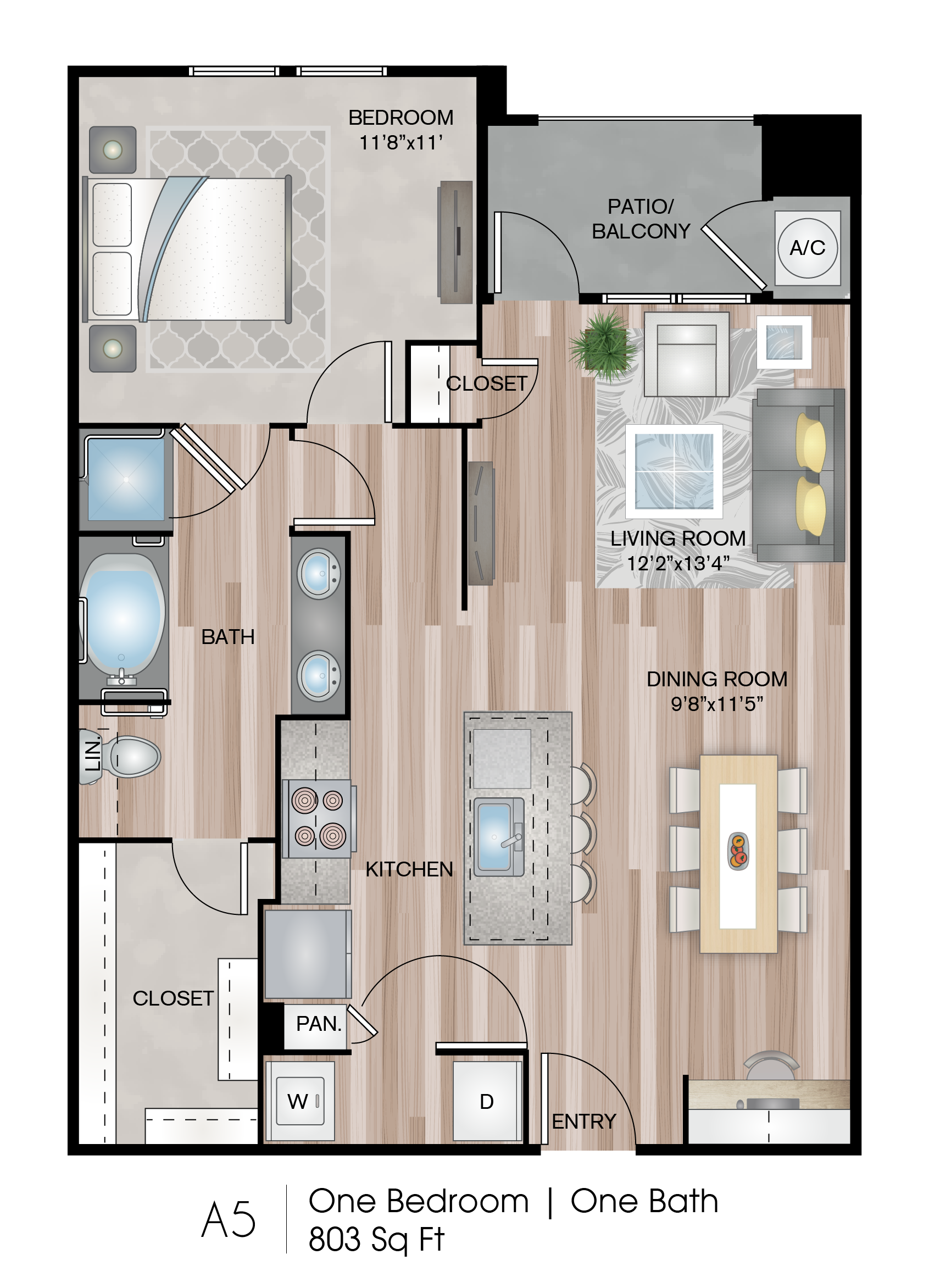 Floor plan for 1 bed, 1 bath, 803 sqft