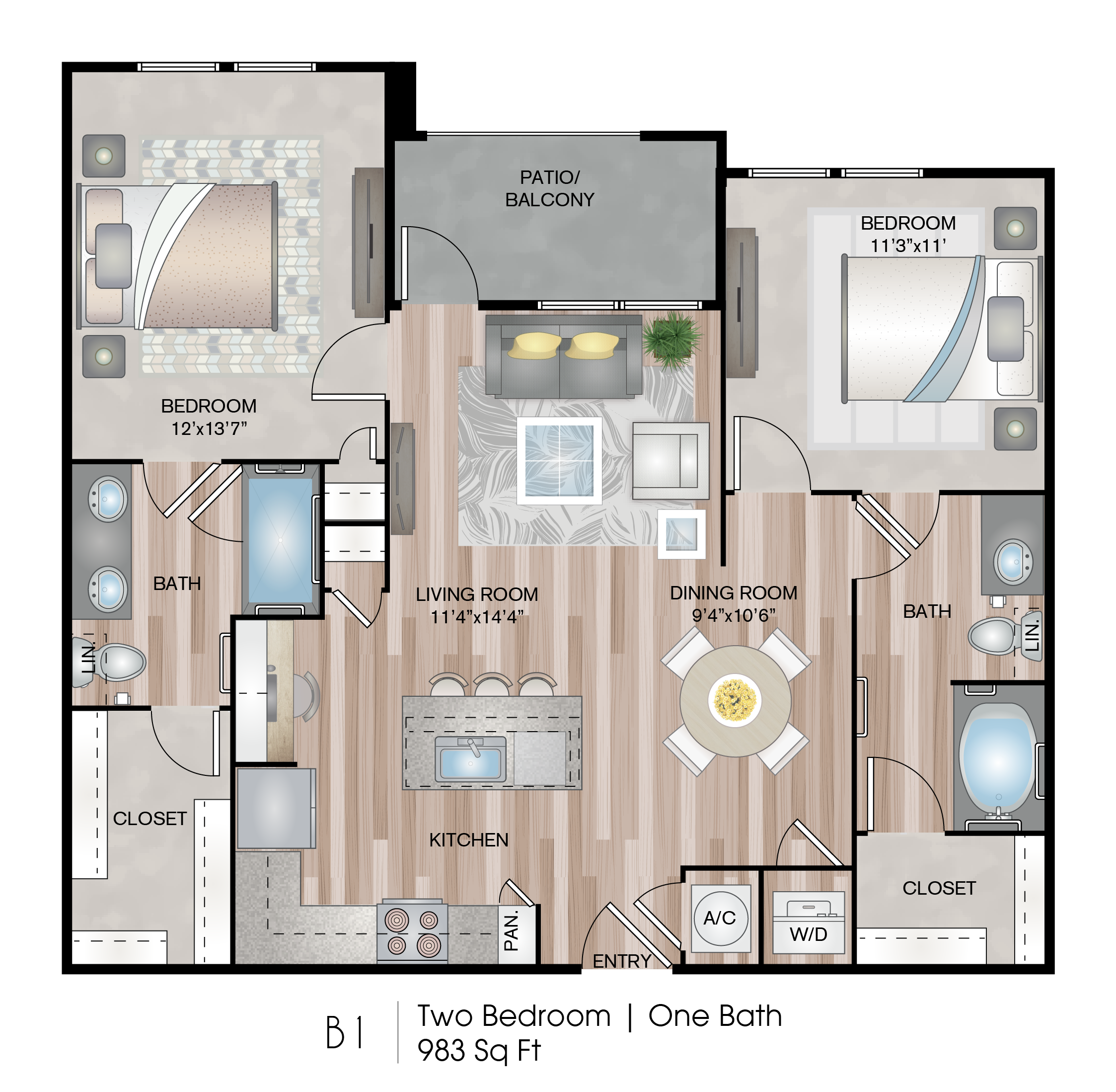 Floor plan for 2 beds, 2 baths, 983 sqft