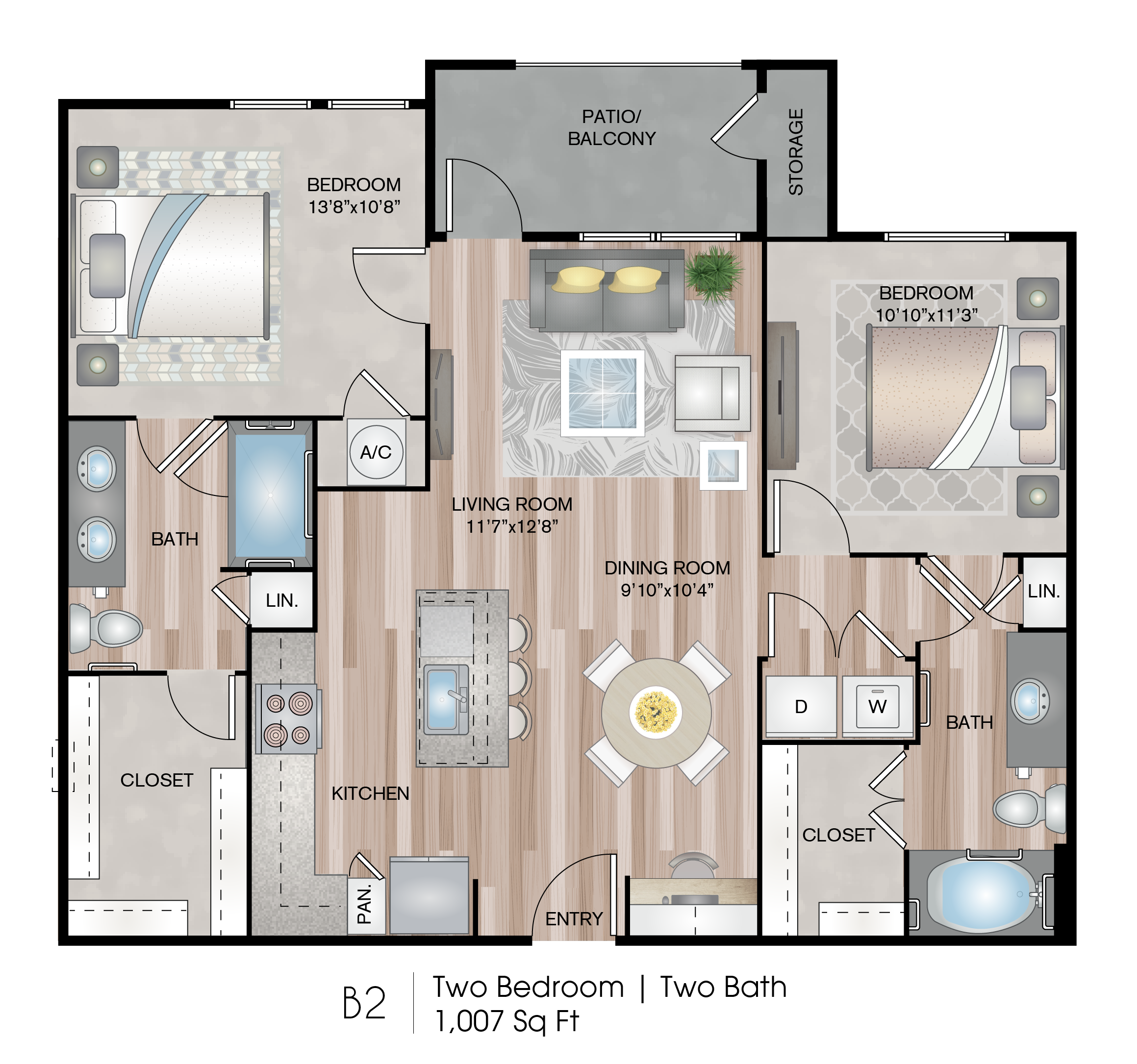 Floor plan for 2 beds, 2 baths, 1007 sqft