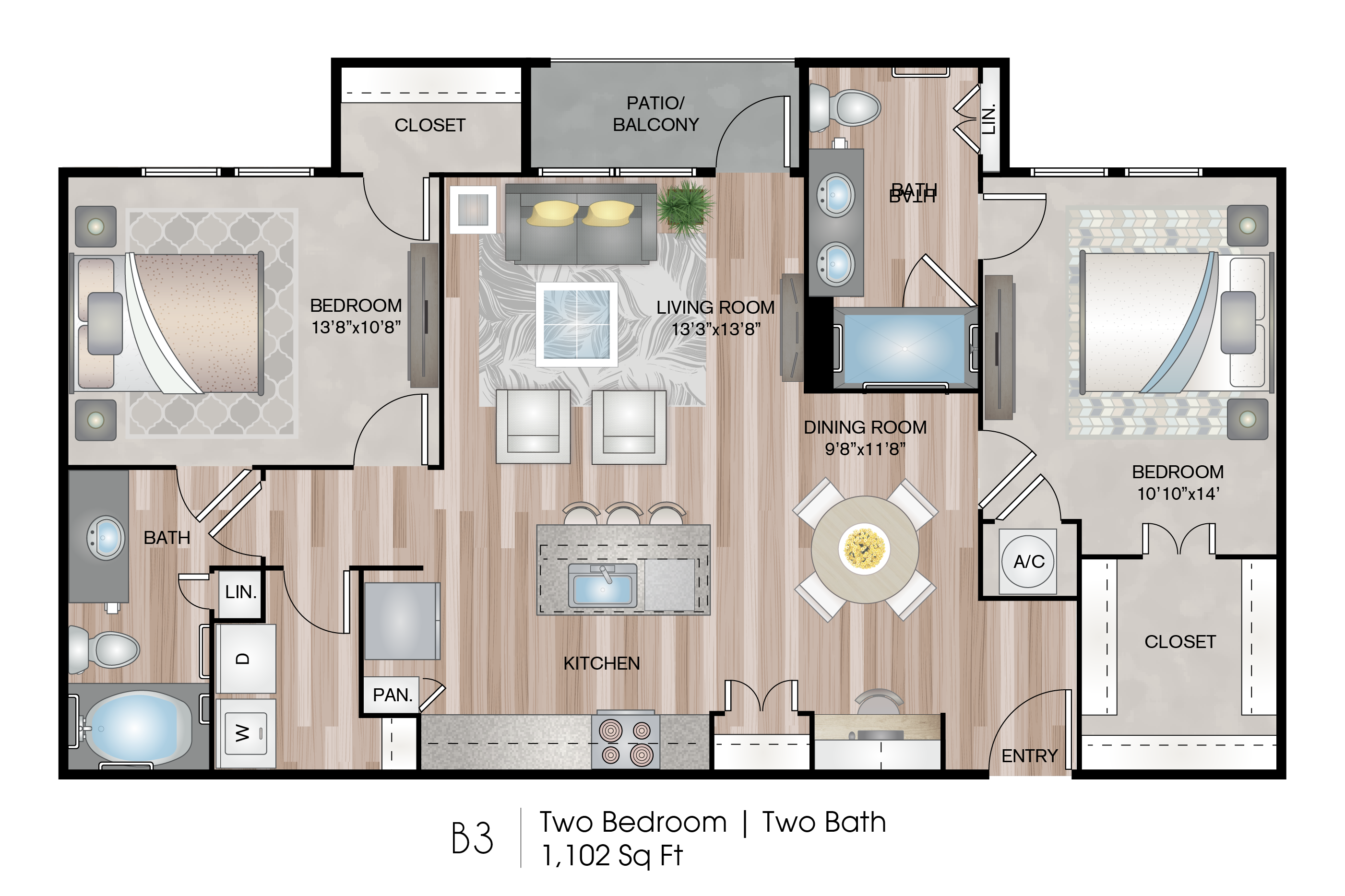 Floor plan for 2 beds, 2 baths, 1102 sqft